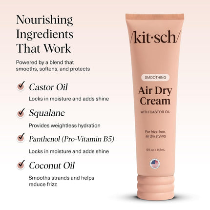 Smoothing Air Dry Hair Cream – Frizz Control Styling Cream with Castor Oil & Coconut Oil, 5 oz