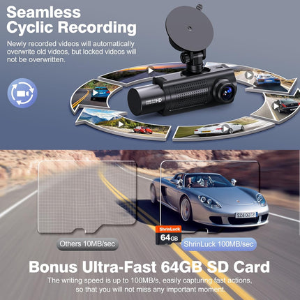 4K UHD 3-Channel Front, Rear & Inside Dash Cam with 64G SD Card