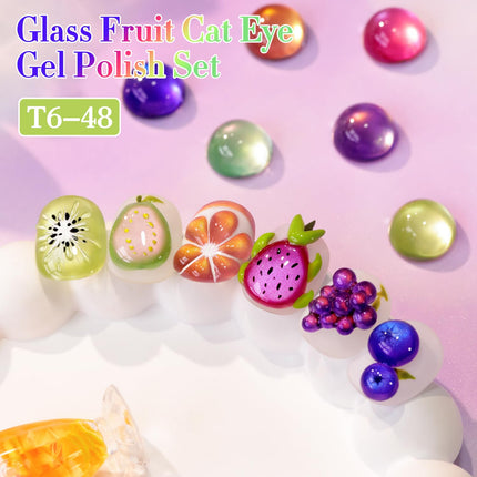 Glass Rose Pink Green Cat Eye Gel Nail Polish Set, 6 Pack