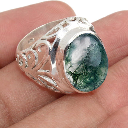 925 Sterling Silver Moss Agate Ring for Women & Girls