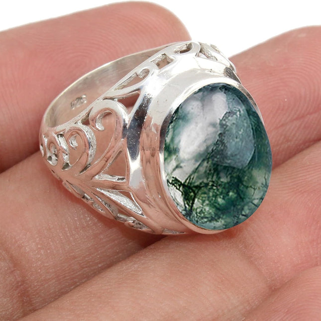 925 Sterling Silver Moss Agate Ring for Women & Girls