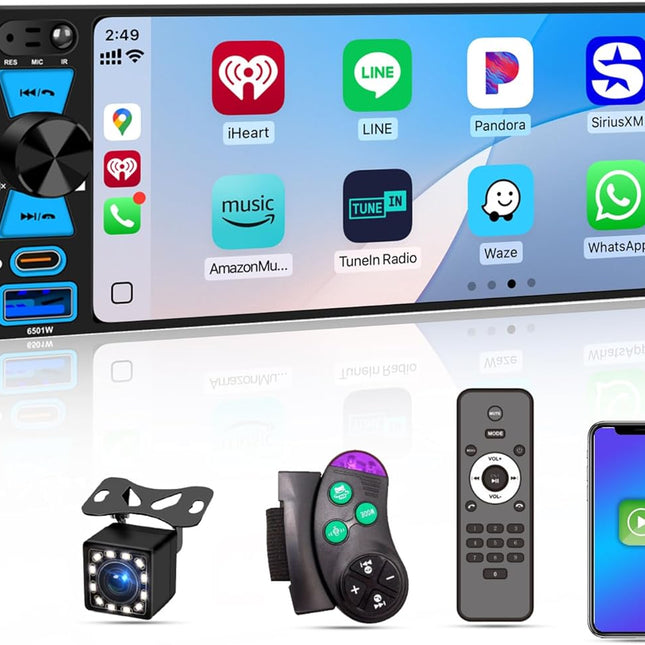 6.5" Single DIN Car Stereo with Wireless Phone Integration, Bluetooth 5.2, FM/AM/RDS, IPS HD Touchscreen, and Type-C Fast Charging