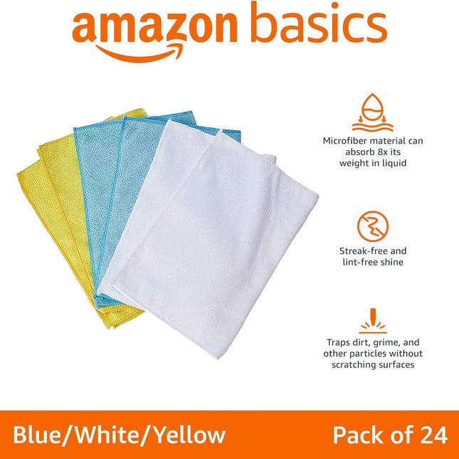 Microfiber Cleaning Cloths, 16 x 12 Inch, Blue White Yellow, Pack of 24