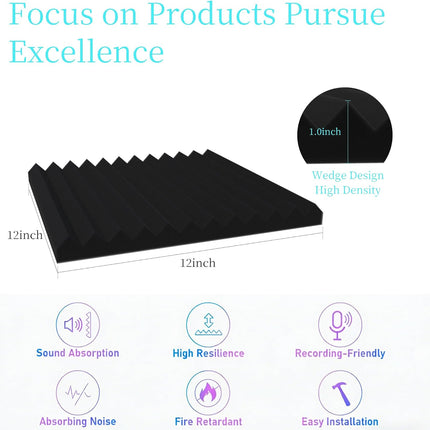 12 Pack Black Acoustic Foam Wall Panels, 1 in. x 12 in. x 12 in.