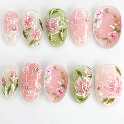 SourceToHome FuenteACasa Pink Flower Press on Nails Short Oval Cute Fake Nails with 3D Rhinestone — Home & Lifestyle