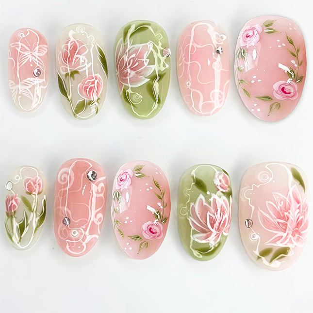 SourceToHome FuenteACasa Pink Flower Press on Nails Short Oval Cute Fake Nails with 3D Rhinestone — Home & Lifestyle