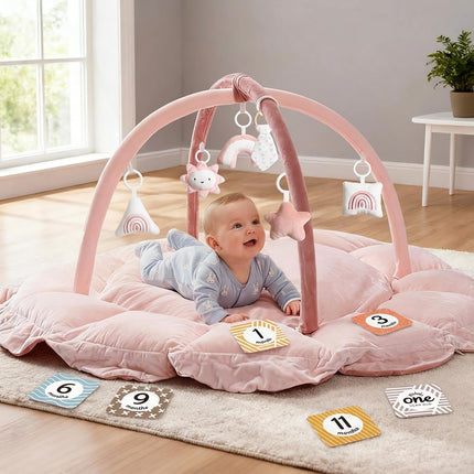 5-in-1 Thick Plush Baby Play Gym Mat with 6 Sensory Toys, Pink