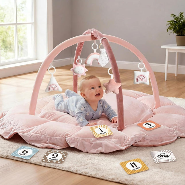 5-in-1 Thick Plush Baby Play Gym Mat with 6 Sensory Toys, Pink