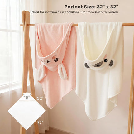 2-Pack Hooded Baby Towels, 32 in x 32 in Soft Absorbent Plush Fleece with Cute Animal Hood