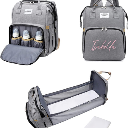 Personalized 3-in-1 Grey Diaper Bag Backpack with Changing Station