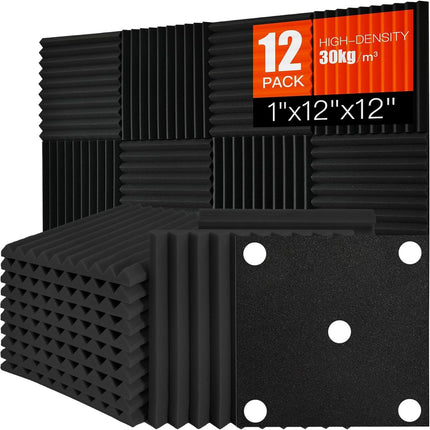Acoustic Foam Panels Sound Absorbing 12 Pack - 1 x 12 x 12 in Black Wedge Panels