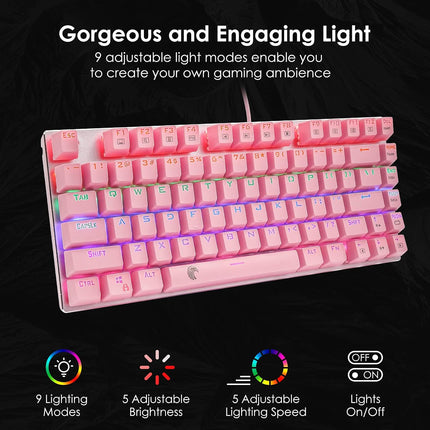 60% Mechanical Gaming Keyboard with Red Switches, Rainbow LED Backlighting, Hot Swappable 81 Keys, Pink
