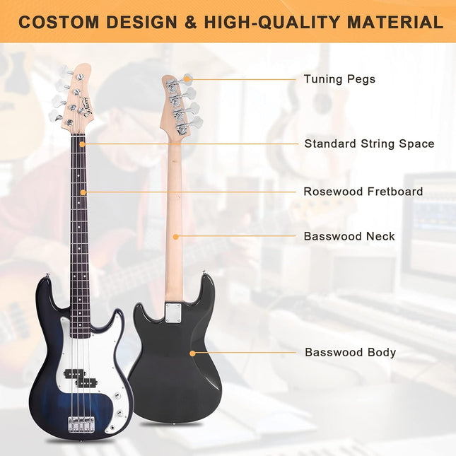 Full Size 4 String Electric Bass Guitar, Dark Blue Fire Style