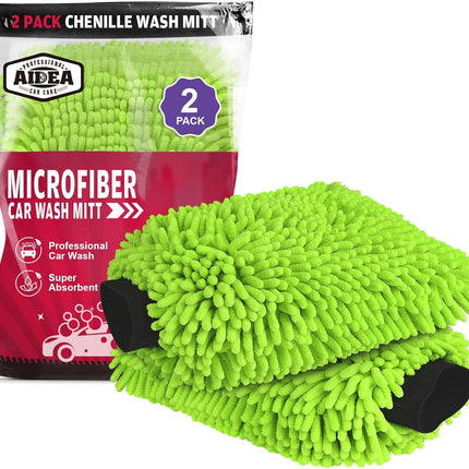 Microfiber Chenille Car Wash Mitts, Green 2-Pack