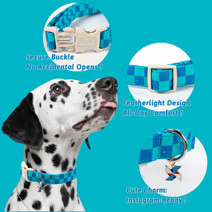 Turquoise and Royal Blue Checkered Adjustable Dog Collar with Windmill Charm