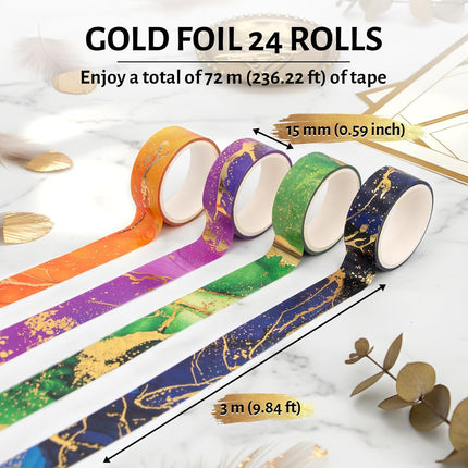Gold Metallic Foil Marbling Washi Tape Set, 24 Rolls