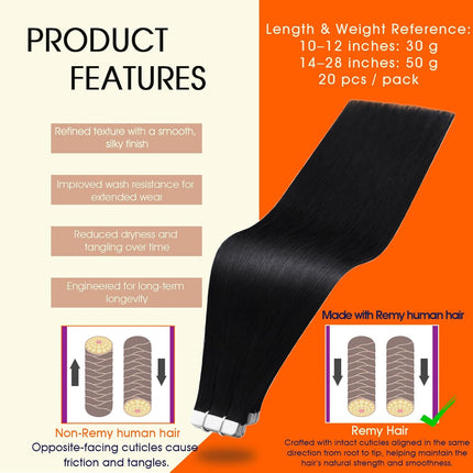 18-Inch Jet Black Remy Human Hair Tape-In Extensions