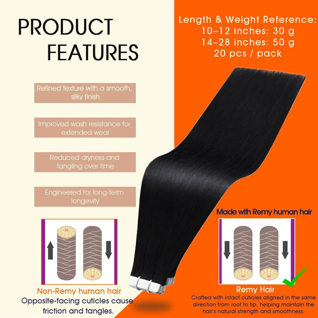 18-Inch Jet Black Remy Human Hair Tape-In Extensions