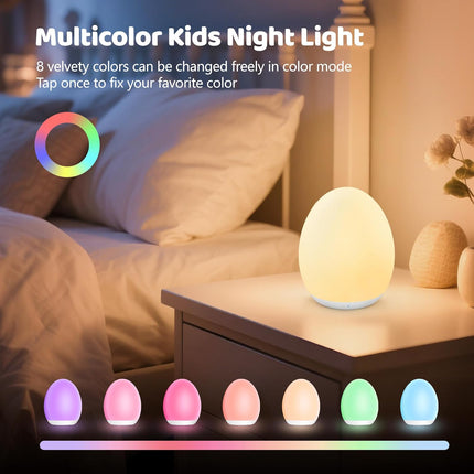 Kids Egg Night Light with 7 Colors, Dimming, Timer, Rechargeable Silicone Lamp