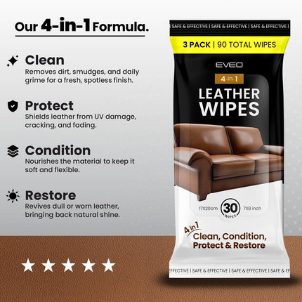 Leather Cleaner Wipes 4-in-1 Cleaner and Conditioner, 3 Pack (90 Total)