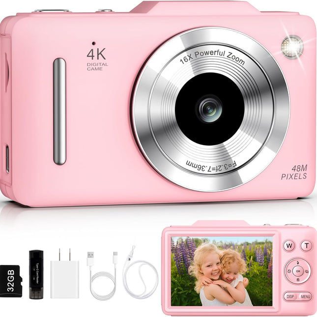 Pink 4K Autofocus Vlogging Camera with 16X Zoom and 32GB Card