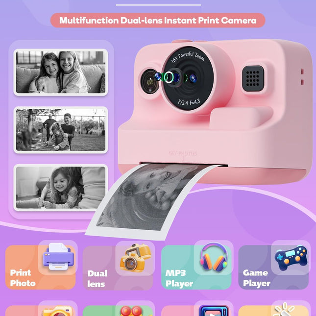 Pink 1080P Kids Instant Print Camera