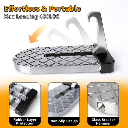 Car Door Step for Car Roof Access, Foldable Non-Slip Latch Pedal, Silver