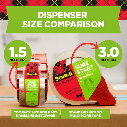 Sure Start Clear Packing Tape, Quiet Unwind, 1.88 in. x 22.2 yd., 6 Rolls with Dispensers