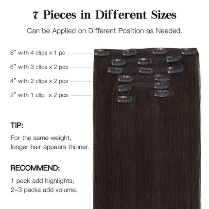 Dark Brown 18 Inch Remy Human Hair Clip-In Extensions, 120g, 7 Pieces