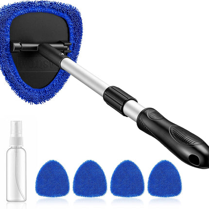 21-Inch Windshield Cleaner Tool with Extendable Handle and 4 Reusable Microfiber Pads, Blue