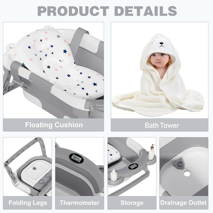 Collapsible Baby Bathtub for Newborns with Thermometer, Hooded Towel, Floating Cushion, and Drain Hole