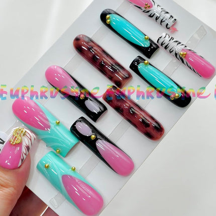 SourcetoHome 10PCS Multicolor Press On Nails – Long Coffin Fake Nails with Zebra Print, Leopard Pattern, Abstract Swirls & Stud Accents, Glossy Reusable Y2K Nails for Women and Girls – Euphrosyne - General - detail view 3