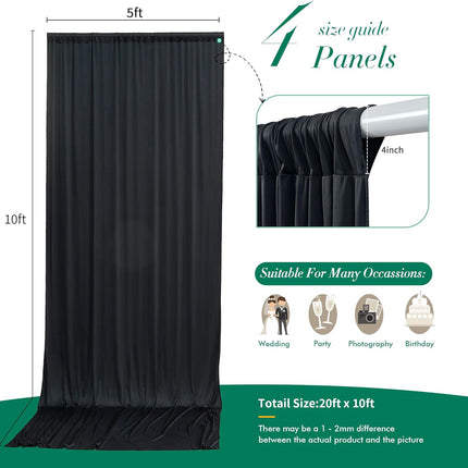20 ft x 10 ft Wrinkle Free Black Backdrop Curtain Panels