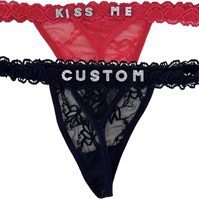 2-Pack Personalized Black Lace Thongs with Rhinestone Name Letters