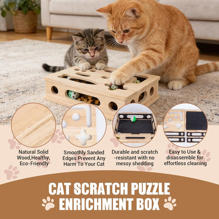 PawHaven RefugioPata Cat Scratch Puzzle Enrichment Box, Smooth Solid Wood Cat Nail File — Pet Supplies