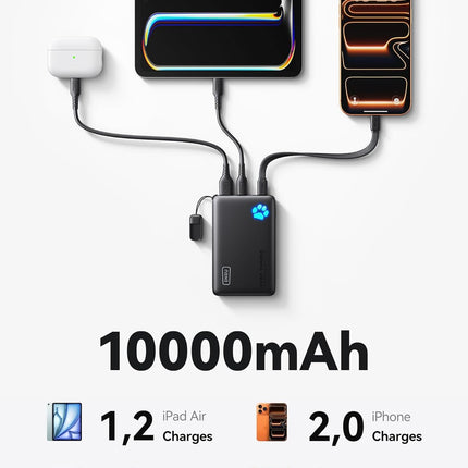 45W Fast Charging Portable Charger, 10000mAh Compact USB-C Power Bank with Detachable Cable