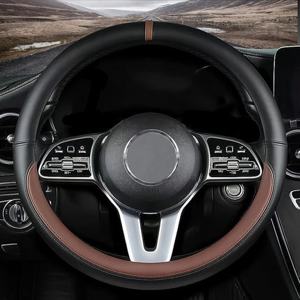 Custom-Fit Brown Nappa Leather Non-Slip Steering Wheel Cover