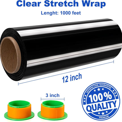 Black Stretch Wrap Film, 2 Rolls, 12 in x 1000 ft x 80 Gauge with Wrap Holder
