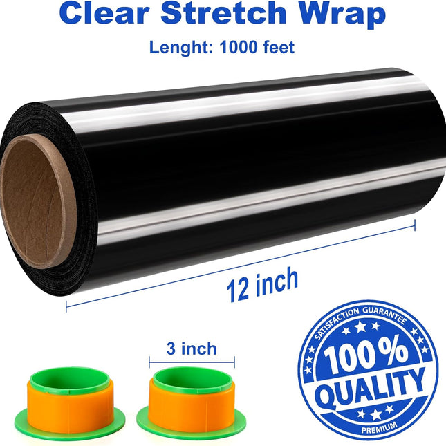Black Stretch Wrap Film, 2 Rolls, 12 in x 1000 ft x 80 Gauge with Wrap Holder