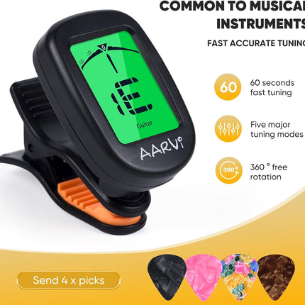 Clip On Guitar Tuner for All Instruments with LCD Display and 4 Guitar Picks
