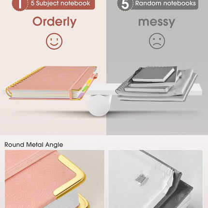 Pink Hardcover Spiral Notebook Journal with Removable Dividers, 300 Pages