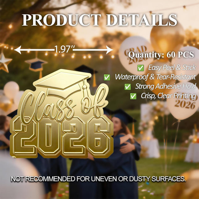 60pc Class of 2026 Clear Gold Foil Graduation Stickers
