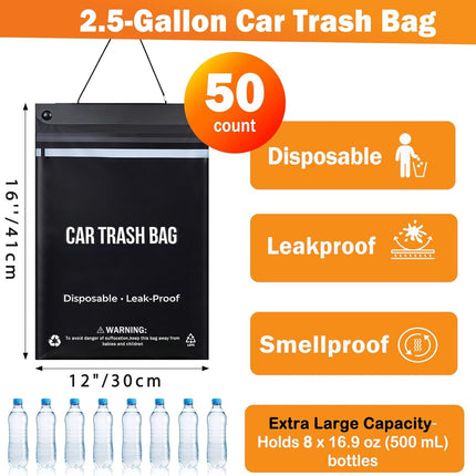 50 Count Recycled Disposable Car Trash Bags, 2.5 Gallon Leakproof Smellproof Hanging and Stick-On Bags