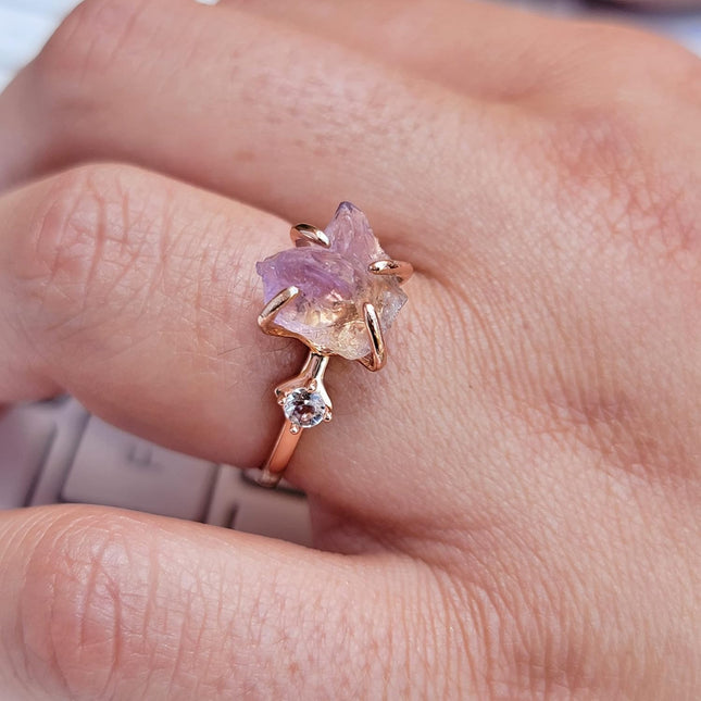 Raw Crystal Ring Birthstone Rose Gold and Quartz Solitaire Jewelry gift — Home & Lifestyle