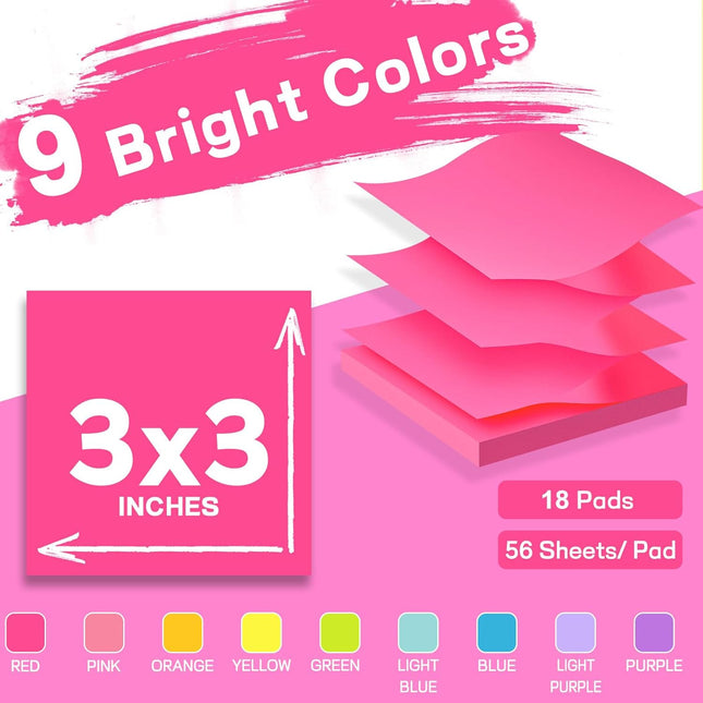(18 Pads) Pop Up Sticky Notes 3x3 Refills, Strong Adhesive Memo Pad Bulk with 9 Bright Colors, Suitable for Home, Office, Sch