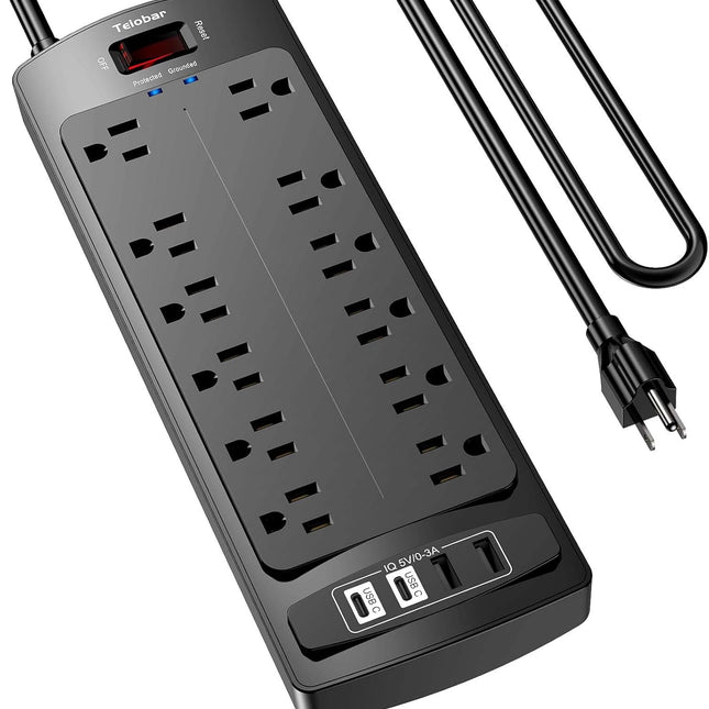 6 Ft Surge Protector Power Strip with 12 AC Outlets and 4 USB Ports, 2700 Joules, ETL Listed, Black