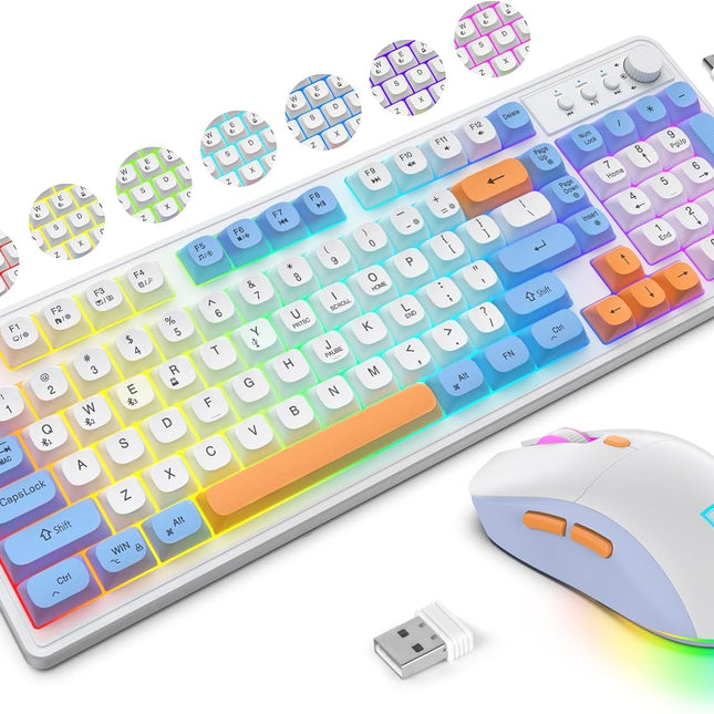 CK98 Wireless Rechargeable Backlit Keyboard and Mouse Combo, RGB White Keyboard with 98 Keys, Dual Color Mouse with 3200DPI for PC Mac Gamers (White/Pink)