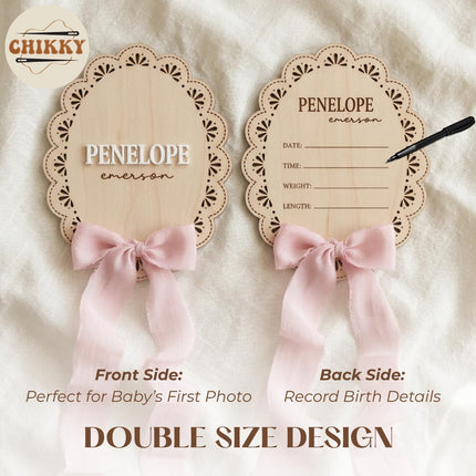 LittleNest NidoPequeño Wooden Baby Announcement Sign with Chiffon Bow - Custom Birth Stats Name Plate — Baby & Toddler