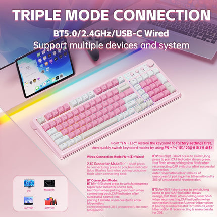 99-Key Wireless Gaming Keyboard with Number Pad, RGB Backlit Tri-Mode, Pink