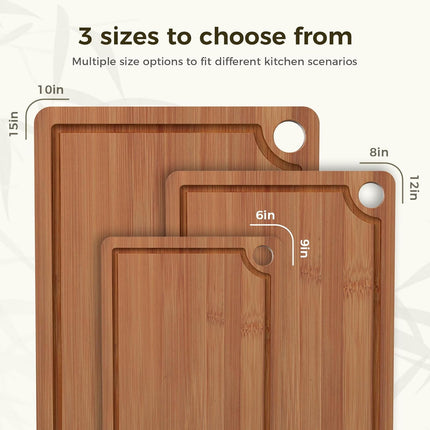 Bamboo Cutting Board for Kitchen – 3-Piece Wooden Boards with Juice Grooves, Side Handles, Non-Slip Mats